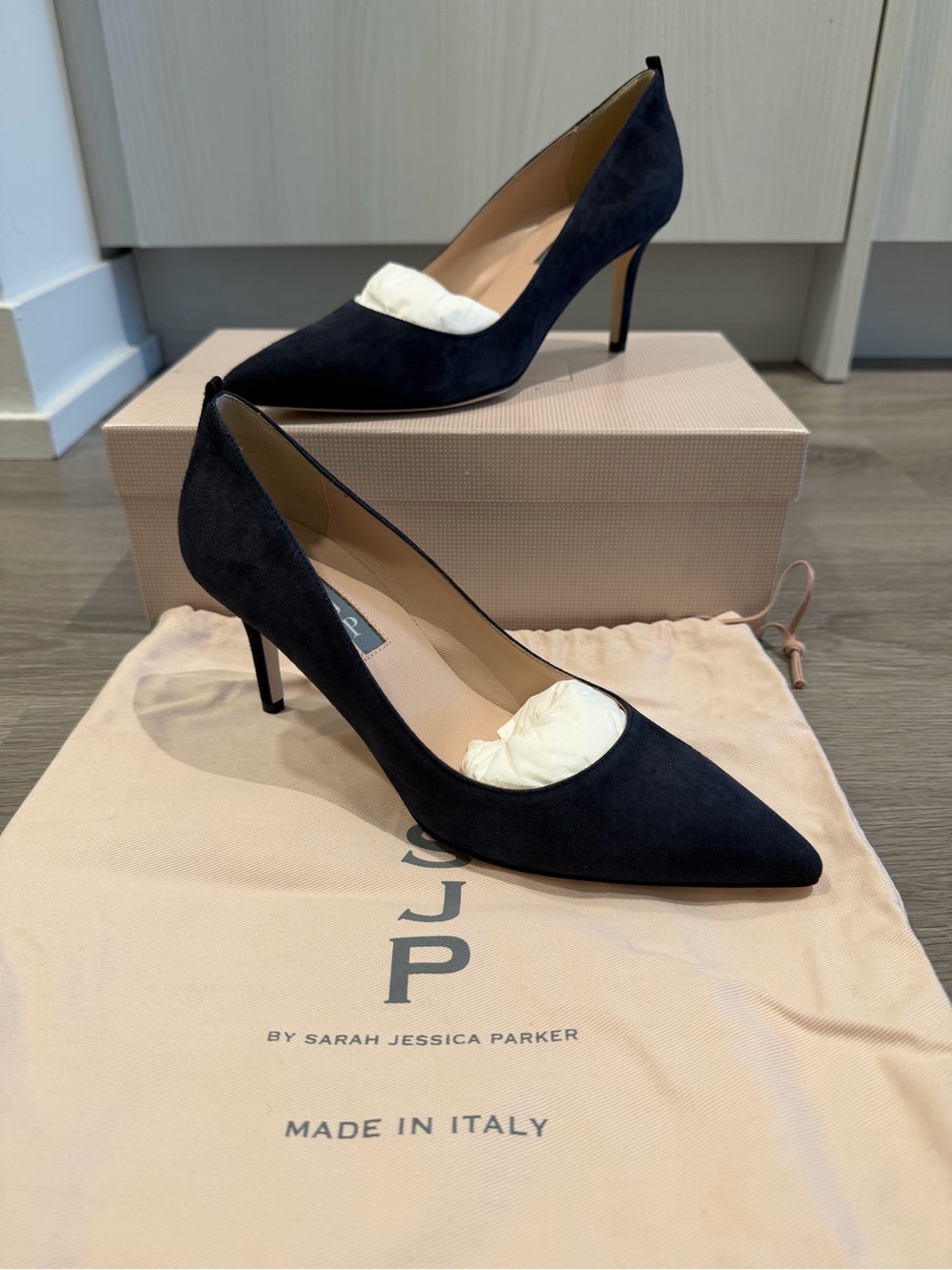 SJP Sarah Jessica Parker Navy Suede Pumps EU 36.5 Made in Italy Stiletto Heels